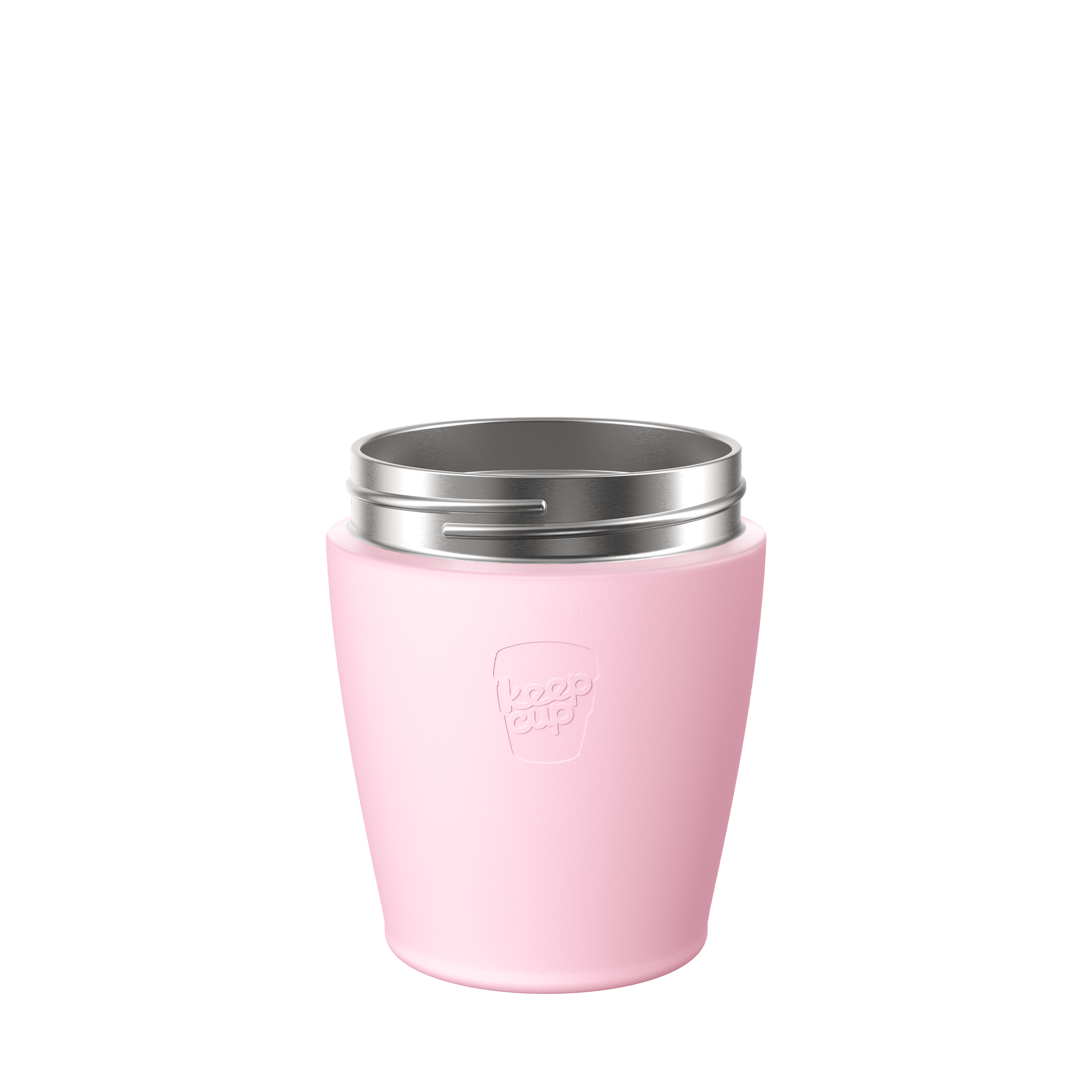 KeepCup Helix Stainless Steel Cup Base in soft pink, shown from a front angle against a white background, featuring the embossed KeepCup logo and silver stainless steel rim.