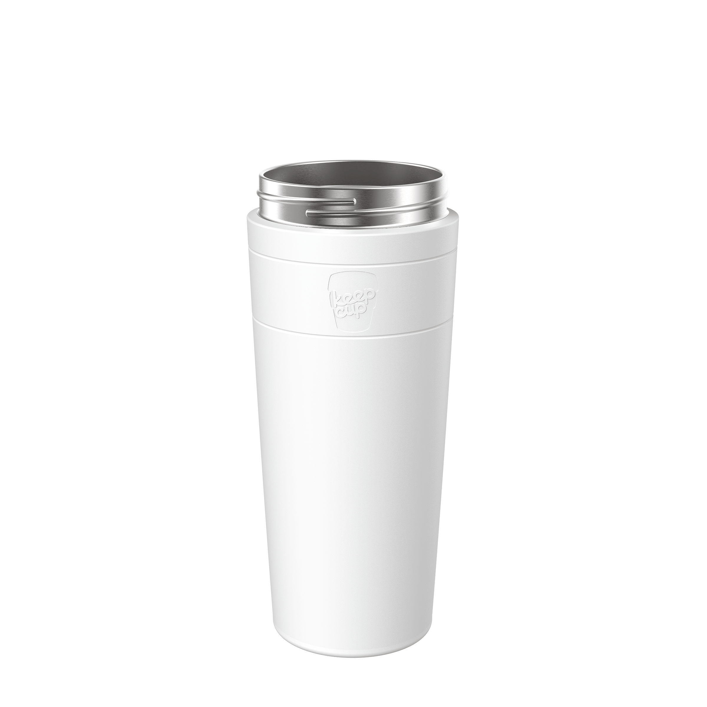 White Helix Stainless Steel Cup Base shown upright against a plain white background, featuring an embossed KeepCup logo on the outer sleeve and a stainless steel rim at the top.
