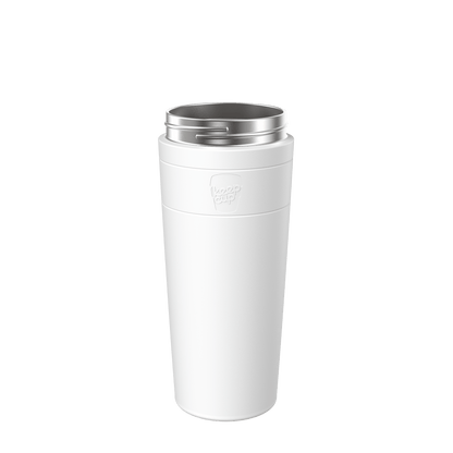 White Helix Stainless Steel Cup Base shown upright against a plain white background, featuring an embossed KeepCup logo on the outer sleeve and a stainless steel rim at the top.
