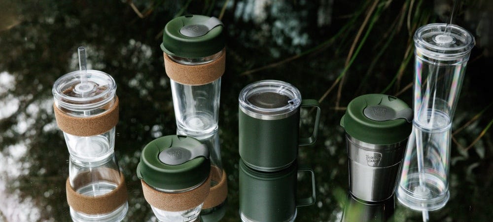 KeepCup Range in tempered glass, stainless steel, recovered cork 