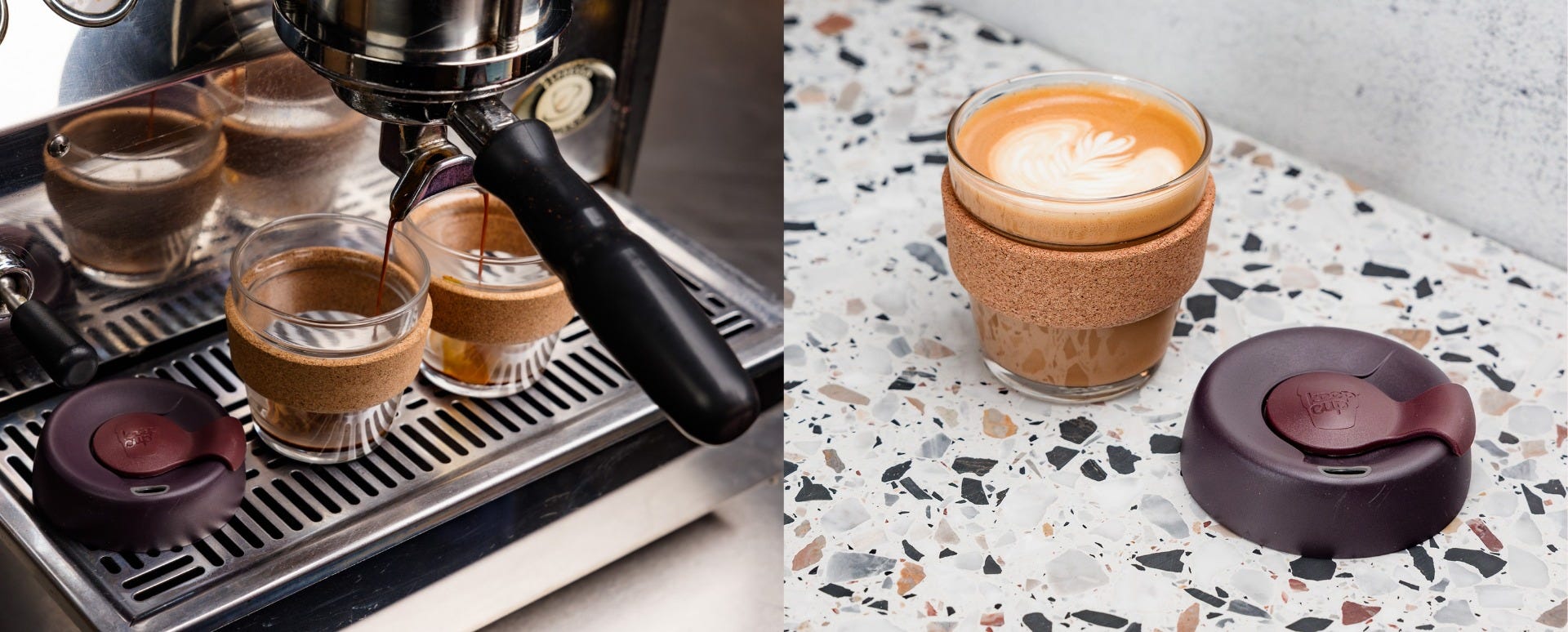 KeepCup Brew Cork 6oz under group head coffee machine with coffee