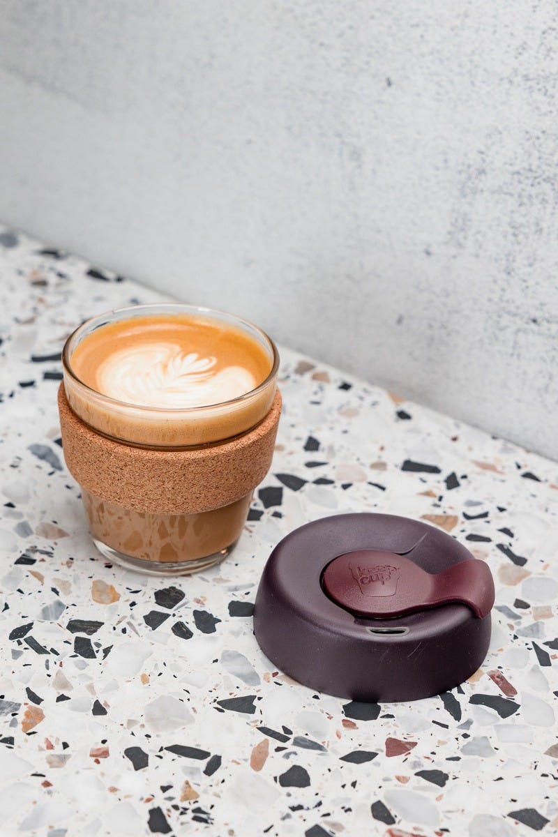 KeepCup Brew Cork 6oz under group head coffee machine with coffee