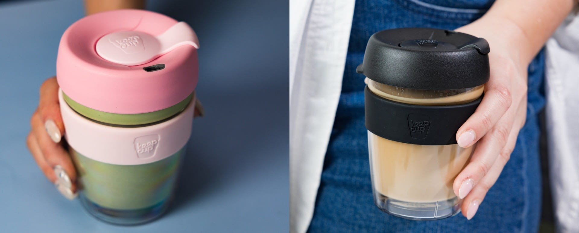 Woman holding KeepCup Brew Longplay 12oz with coffee