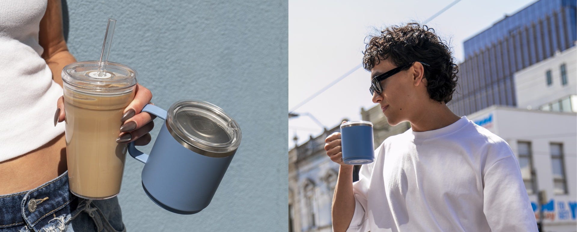 Woman holding KeepCup Camp Mug 12oz with coffee