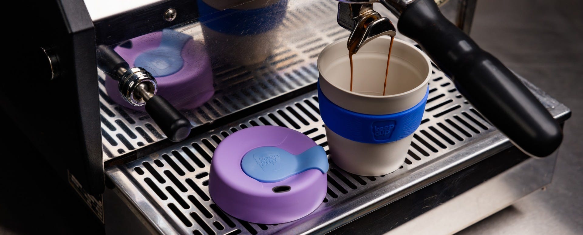 KeepCup Original S 8oz cup under grouphead coffee machine