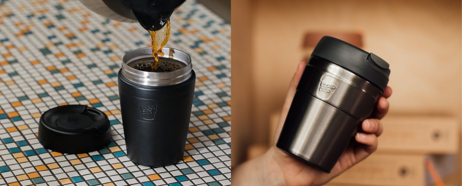 Woman holding KeepCup Traveller 12oz with coffee