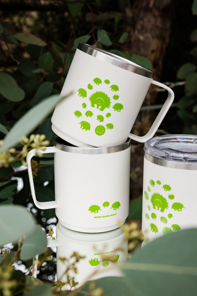 Three KeepCup WIRES Camp Mugs 12oz stacked with Eucalyptus