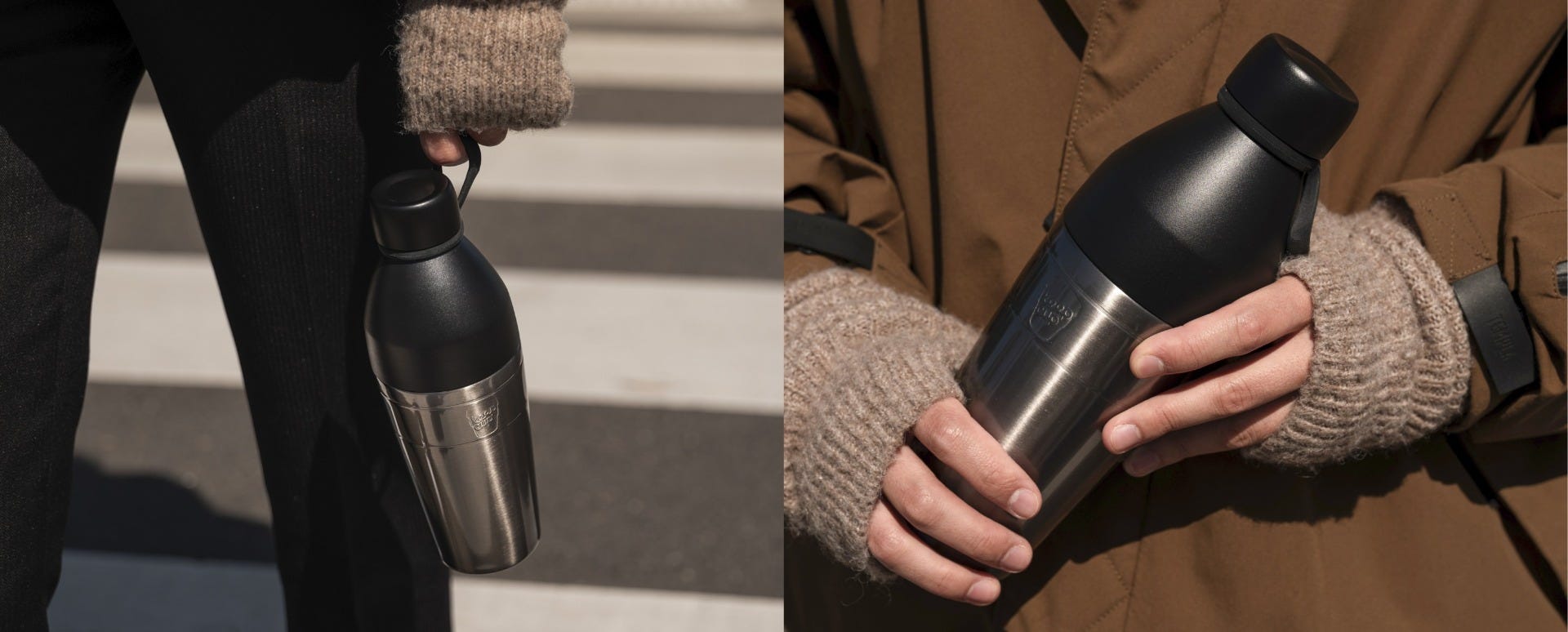 Person holding KeepCup Helix Bottle 16oz Nitro Black crossing the street