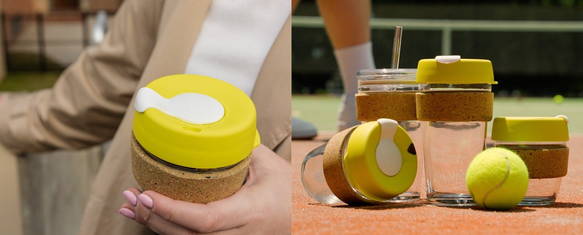 Woman holding KeepCup Sip & Chill Brew Cork Ace reusable glass cup