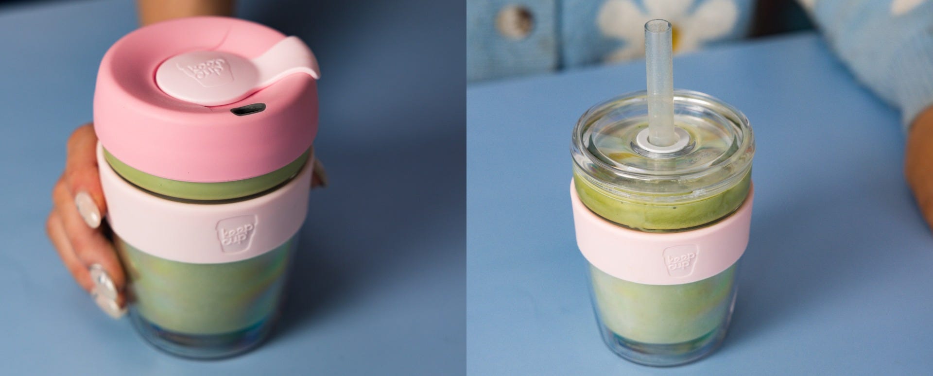 Woman holding KeepCup Sip & Chill longplay reusable glass cup