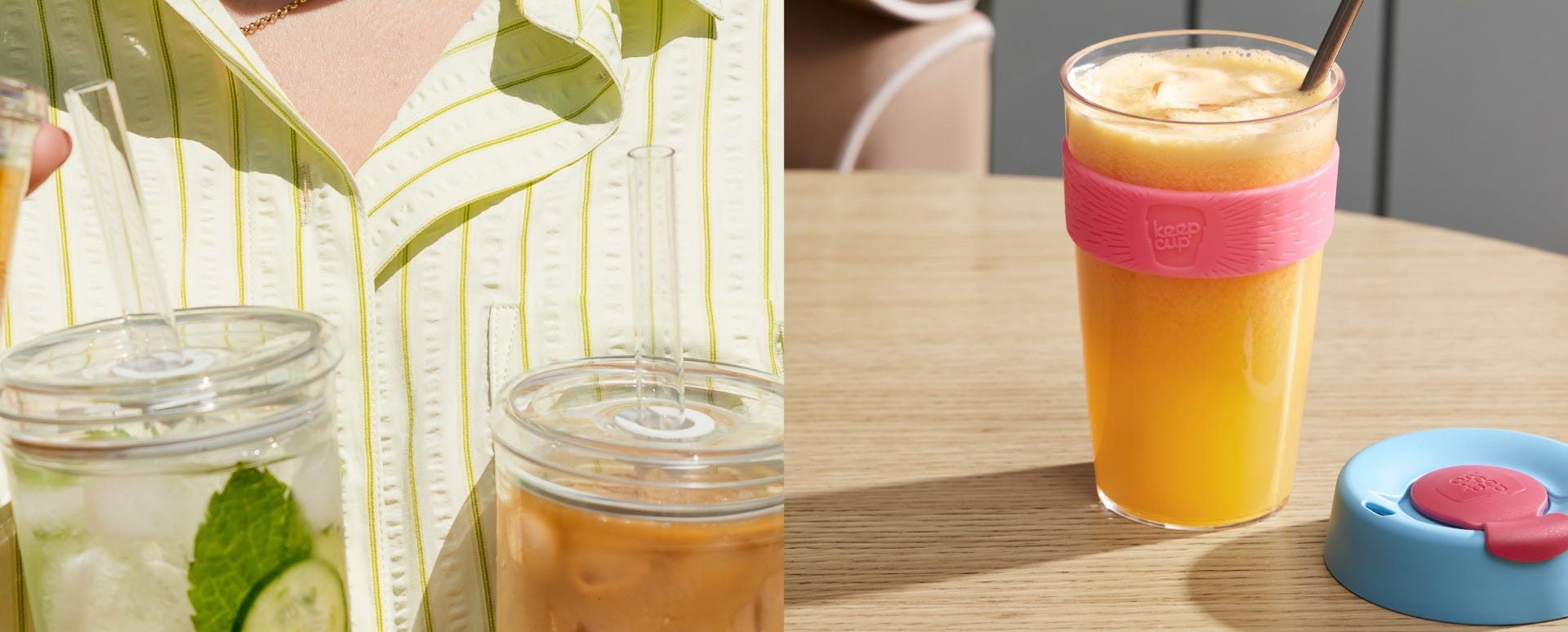 Woman holding KeepCup Sip & Chill Original Clear reusable cup with iced coffee and iced tea