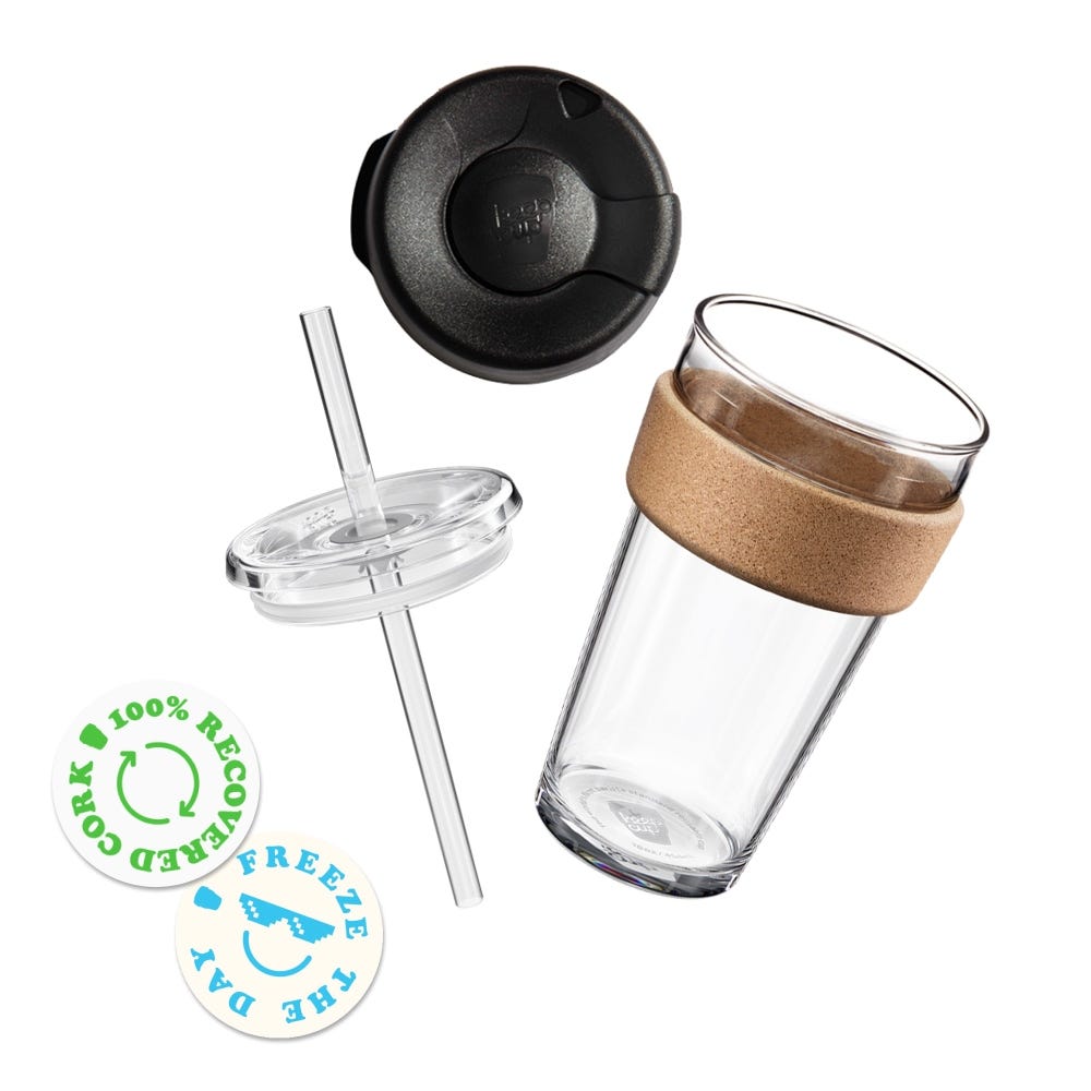 Sip and Chill Brew Cork Medium components. Glass cup base, cork band, plastic press fit and straw lids