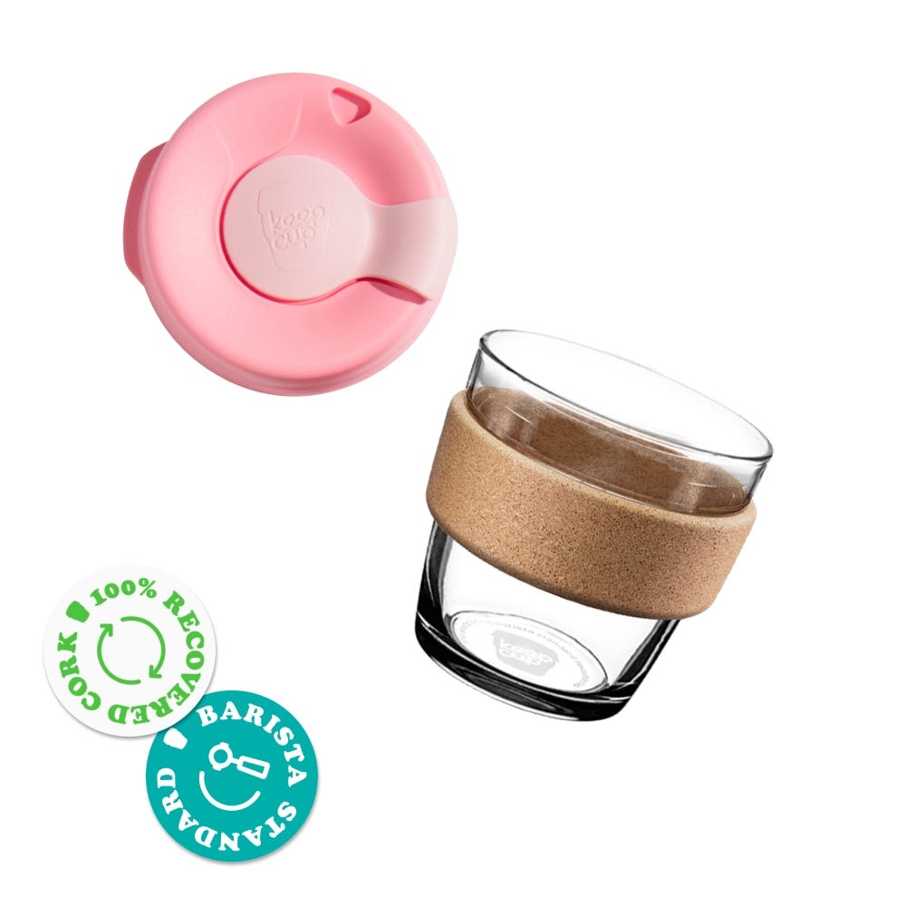 KeepCup Brew Cork glass cup base and plastic lid, flat view