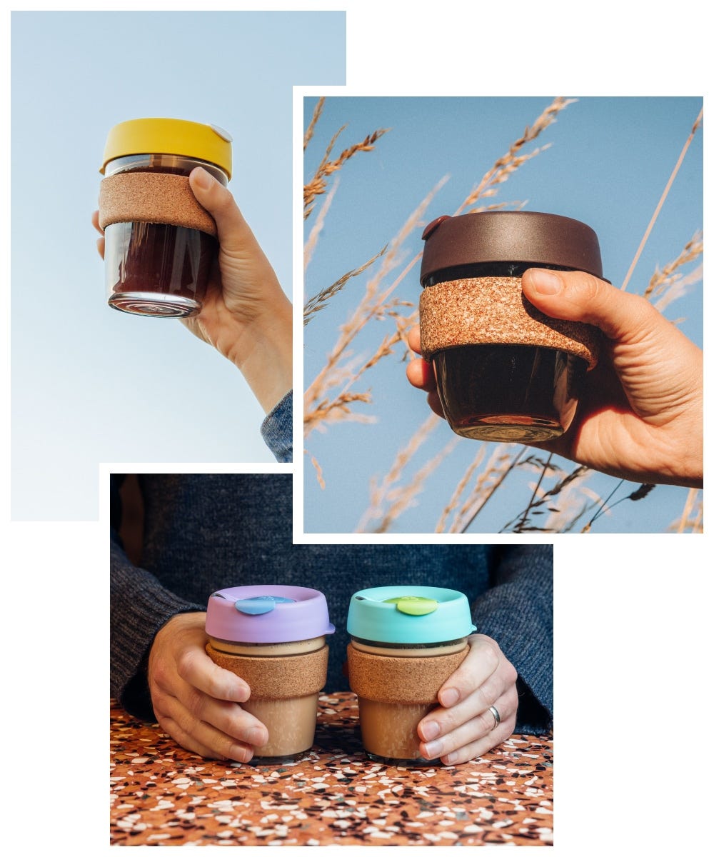 3 images showing a woman holding a KeepCup Brew Cork cup, a woman holding two Brew Cork cups filled with coffee, a person holding up a Brew Cork cup filled with black coffee
