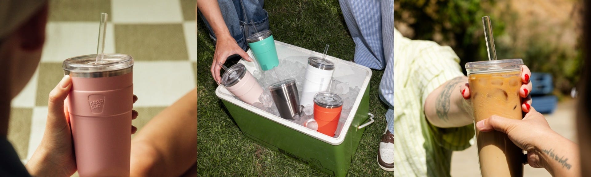 3 images showing a woman holding a KeepCup Cold Cup Thermal, a woman reaching for a cooler filled with ice and Cold Cup Thermal cups, a woman holding a Cold Cup Original 20oz cup filled with iced coffee