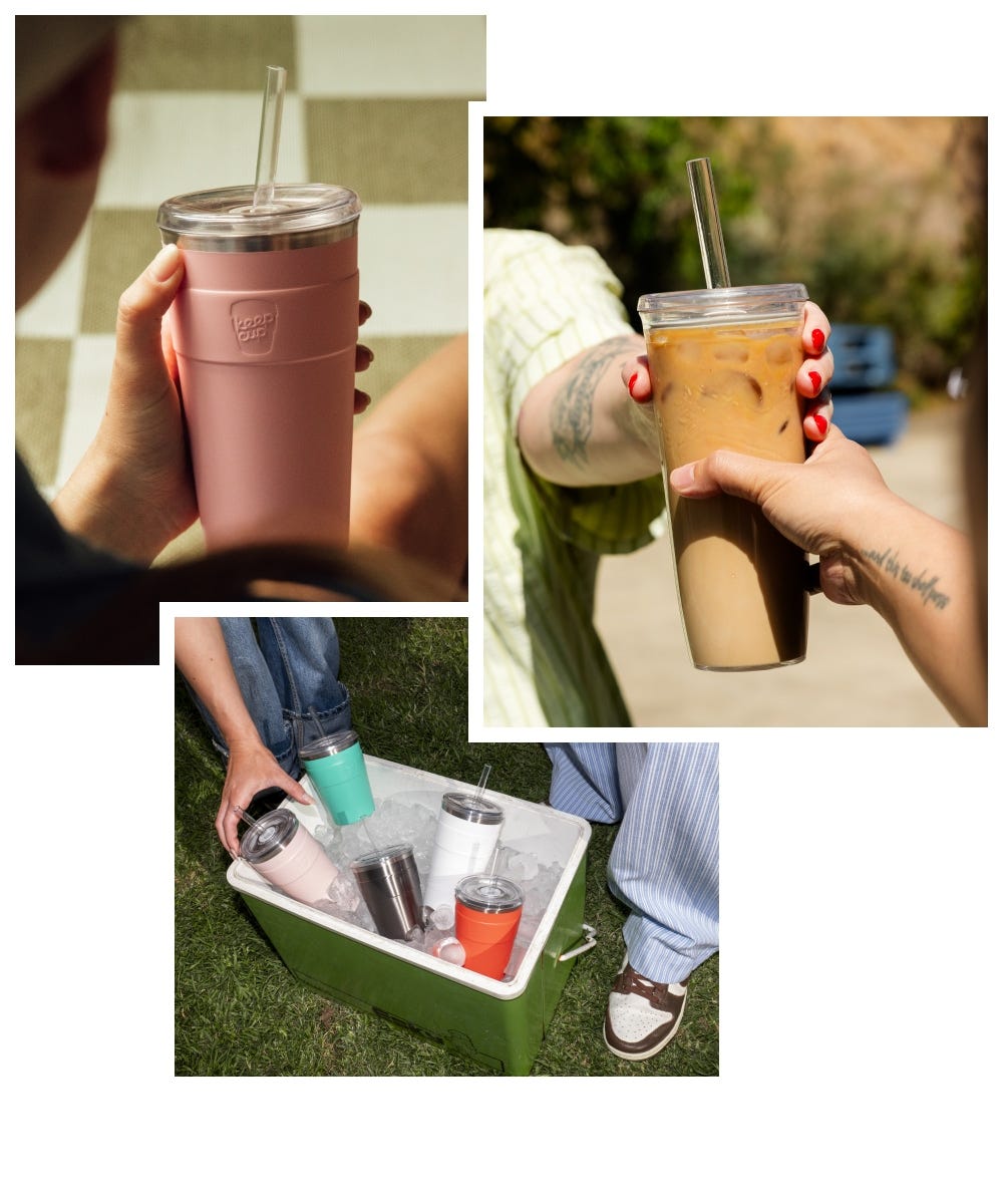 3 images showing a woman holding a KeepCup Cold Cup Thermal, a woman reaching for a cooler filled with ice and Cold Cup Thermal cups, a woman holding a Cold Cup Original 20oz cup filled with iced coffee