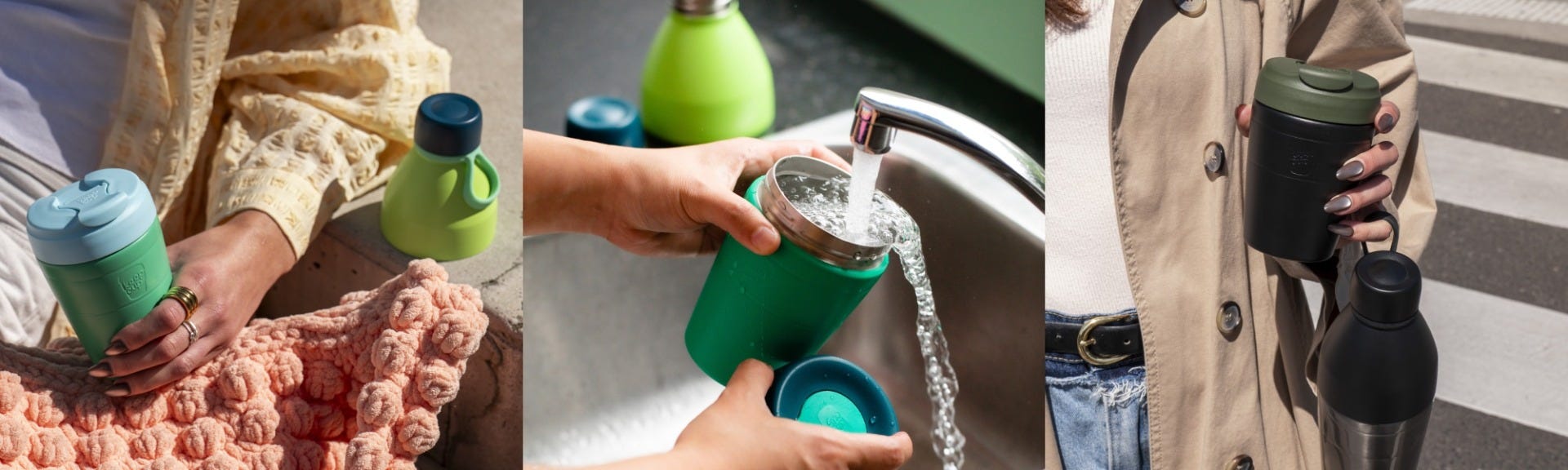 3 images showing a woman holding a KeepCup Commuter and Bottle Extension, a person rinsing a Traveller cup base under running water, a woman holding a KeepCup Commuter and Bottle
