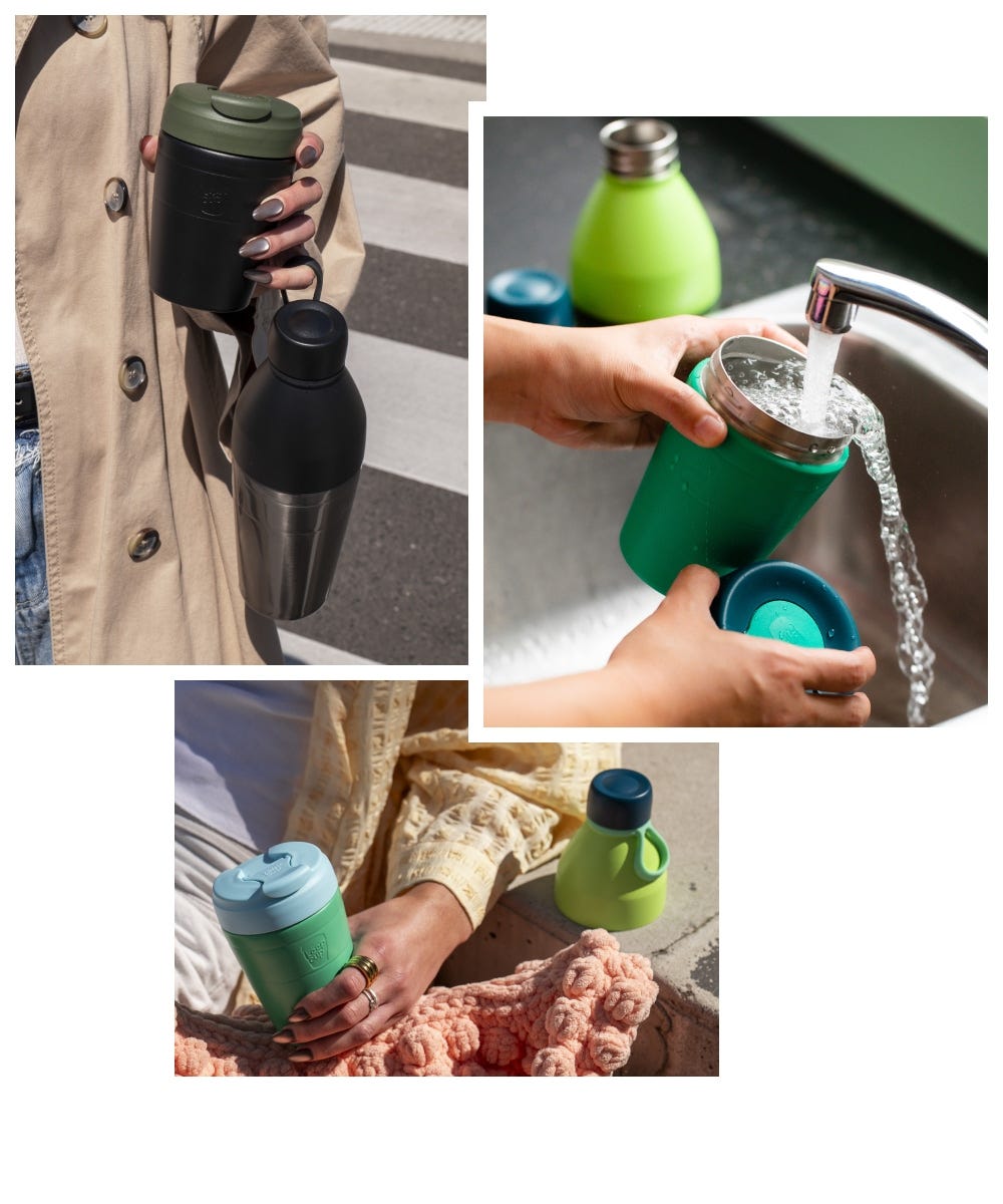 3 images showing a woman holding a KeepCup Commuter and Bottle Extension, a person rinsing a Traveller cup base under running water, a woman holding a KeepCup Commuter and Bottle