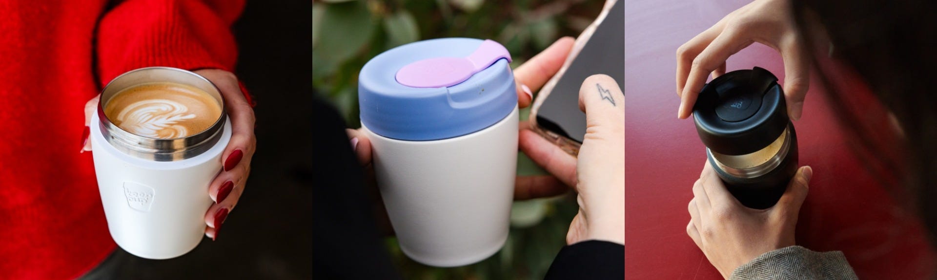3 images showing a woman holding a KeepCup Commuter 8oz filled with coffee, a woman holding an 8oz Traveller, a woman taking the lid off an 8oz Traveller cup filled with coffee