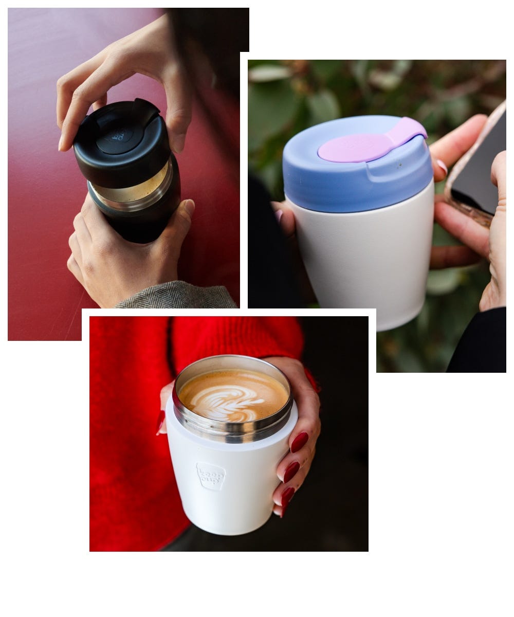 3 images showing a woman holding a KeepCup Commuter 8oz filled with coffee, a woman holding an 8oz Traveller, a woman taking the lid off an 8oz Traveller cup filled with coffee
